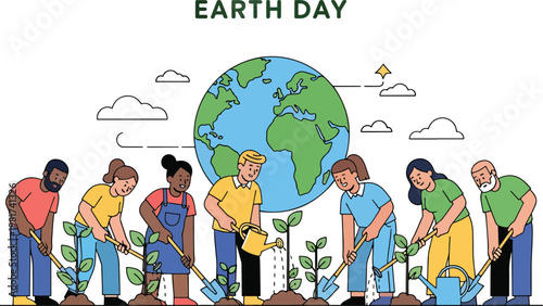 Diverse group of people planting trees together with the Earth in the background, celebrating Earth Day and promoting environmental care.