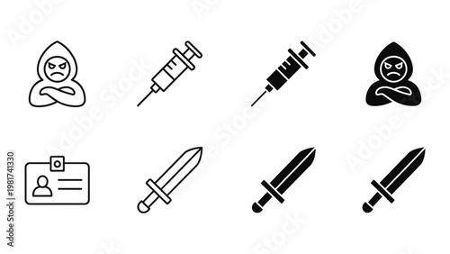 Assorted icons depicting dangerous and medical themes with a mysterious figure