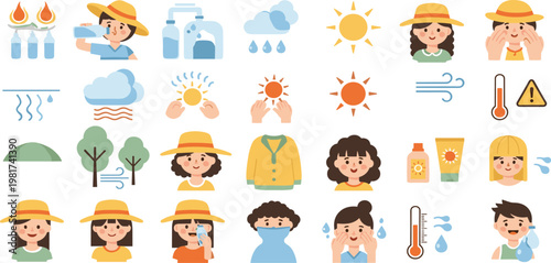 Summer heatwave safety vector set with people hydration sunscreen sun icons weather elements flat illustration collection