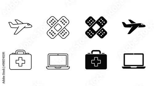 Travel and technology icons with medical and repair themes combined