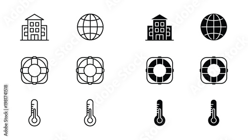 Contrast variations of common icons depicting buildings, globe, life buoy, and thermometer