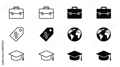 Variations of professional, educational, and global icons in black and white