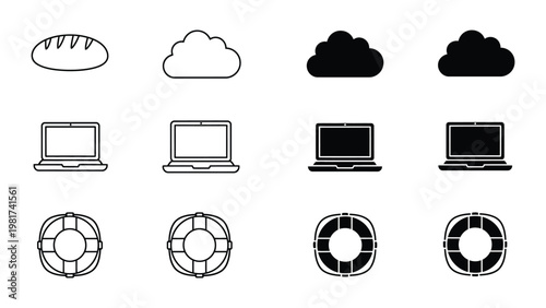 Visual progression of digital icons from bread to lifebuoy with cloud and laptop variations