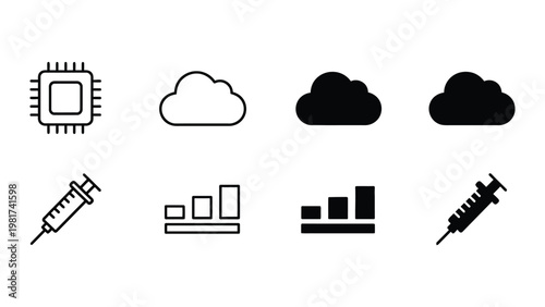Contrast of on-premise, cloud, and data analytics technologies with medical injection symbols