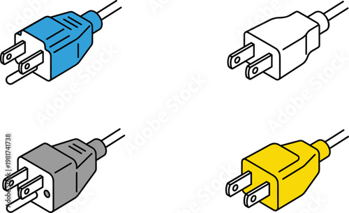 Set of electric plug connectors illustration with different color variations, power cable adapters and electrical equipment concept minimal design