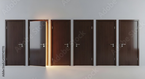 One illuminated open door stands out among dark closed doors