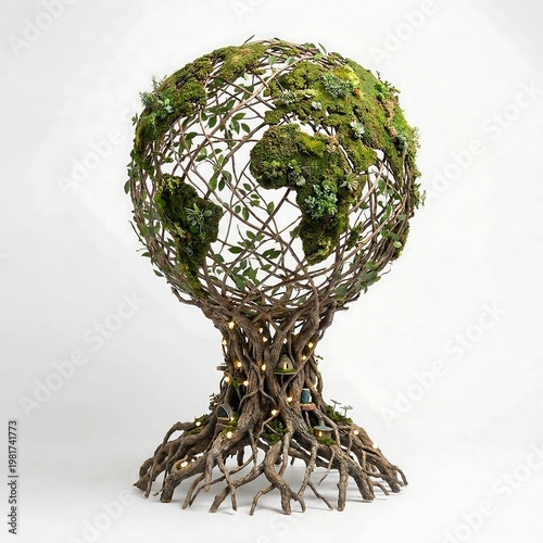 A powerful artistic sculpture of Earth as a flourishing tree, with lush moss and branches forming continents, symbolizing global environmental unity and sustainable growth