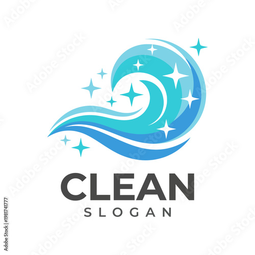 The logo highlights a wave with sparkling elements, symbolizing cleanliness and freshness. Perfect for cleaning services and eco-friendly products.