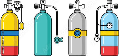 Set of gas cylinders illustration with pressure tanks and valves, industrial equipment collection and compressed air storage concept minimal design