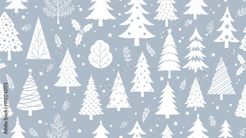 Serene seamless pattern showcases various white silhouettes of pine and deciduous trees with falling snow on a soft blue gray background.