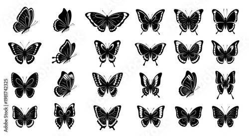 Collection of various butterfly silhouettes on white background.