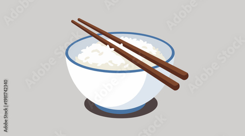 This image depicts a simple yet inviting bowl of rice complemented by chopsticks, representing culinary delight and traditional Asian cuisine.