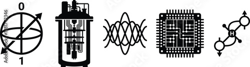 Collection of abstract scientific and technology icons representing concepts like quantum computing and circuitry.