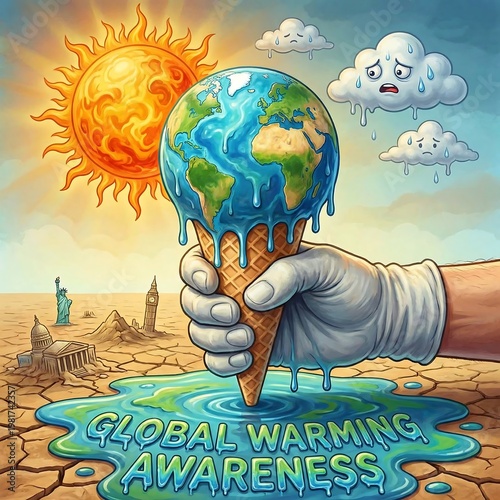 Conceptual illustration of Earth melting like an ice cream cone under a scorching sun, symbolizing the urgent global warming crisis and the critical need for environmental awareness and climate action