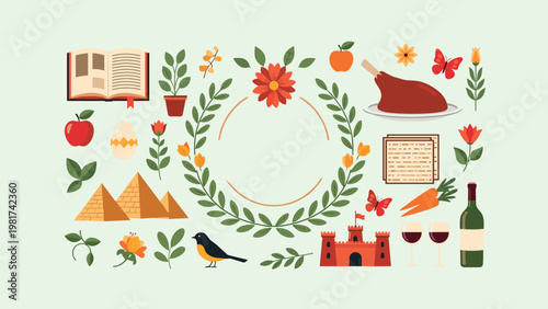 Jewish Passover seder symbols including a shank bone, matzah, wine glasses, pyramids, and floral elements on a light green background.