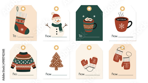 Assorted christmas gift tags featuring a stocking, snowman, hot cocoa, sweater, and mittens in traditional festive colors.