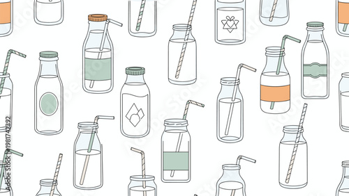 Seamless background pattern of various milk bottles with straws and labels on a plain white surface for kitchen themes.