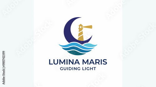 This logo design encapsulates a lighthouse by the sea, reflecting guidance and safety, paired with gentle waves, creating a serene and maritime aesthetic.