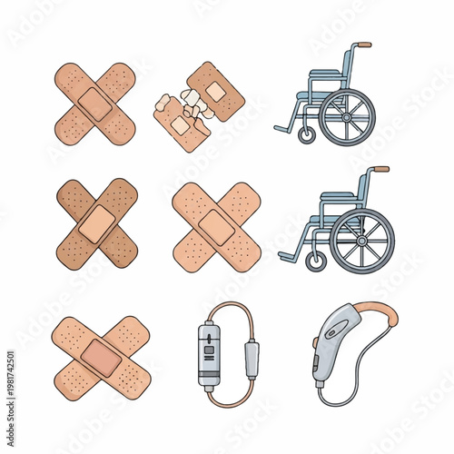 An illustration showing various medical supplies and assistive devices including band aids and a wheelchair with a hearing aid and blood pressure monitor.