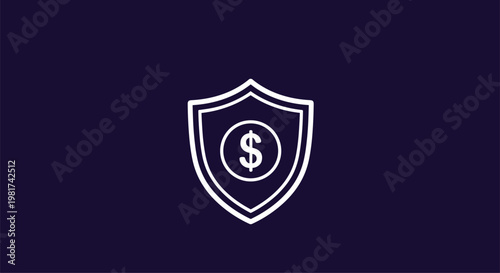 Striking white icon of a shield with a dollar sign on a dark blue background, symbolizing financial security, money protection, and investment safety.