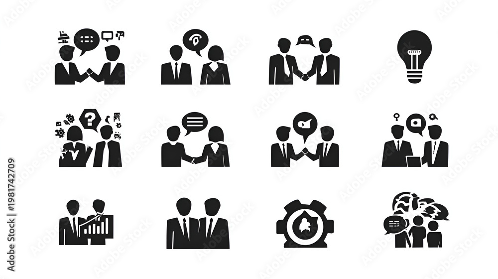 Fototapeta premium Modern teamwork collaboration solid icons. professional business meeting, partnership, management, leadership, brainstorming and leadership glyph symbols. editable vector Stock Vector