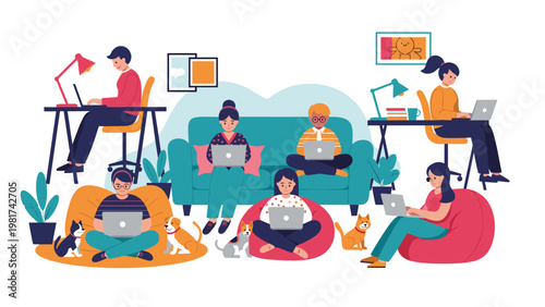 Group of people working remotely from home on laptops in a comfortable living room environment with pet cats and dogs.