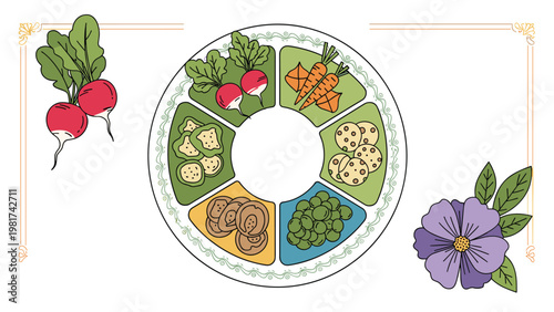 Traditional Jewish Seder plate with ceremonial foods like shank bone and eggs decorated with spring flowers and vegetables.