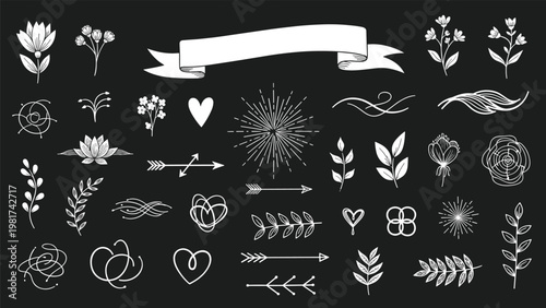 Set of hand-drawn chalk-style floral elements, arrows, hearts, and decorative ribbons on a dark black chalkboard background.