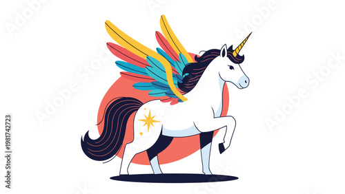 Magical white unicorn with colorful wings and a golden horn standing against a soft orange sun background in profile view.
