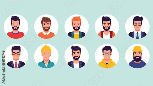Set of diverse male avatar portraits in circular frames representing different ages, styles, and ethnic backgrounds on light blue.