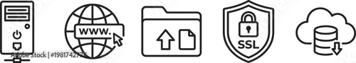 Digital icons representing server, internet, data upload, security, and cloud storage for technology concepts.