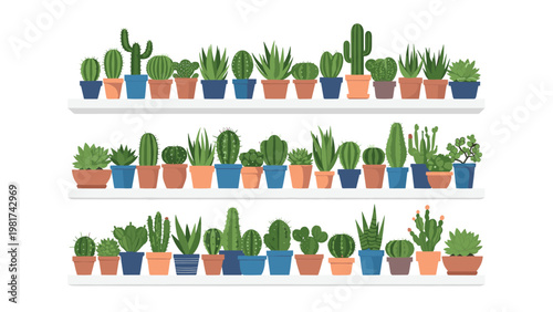 Large collection of diverse potted cactus and succulent plants neatly arranged on three long white shelves for home decor.