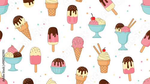 Sweet seamless pattern of assorted ice cream treats like cones, sundaes, and popsicles with various toppings and flavors.