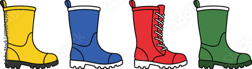Set of rubber boots illustration with different styles and colors, waterproof footwear collection for outdoor work and rainy weather use