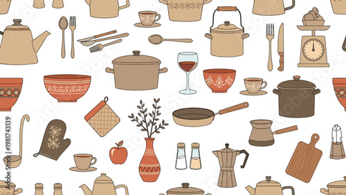Kitchenware seamless pattern with various cooking tools like pots pans cups and cutlery on a clean white background.