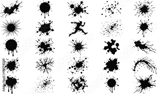 Set of ink splatter shapes collection, grunge paint stains, abstract blot elements, artistic splash textures and creative design resources illustration