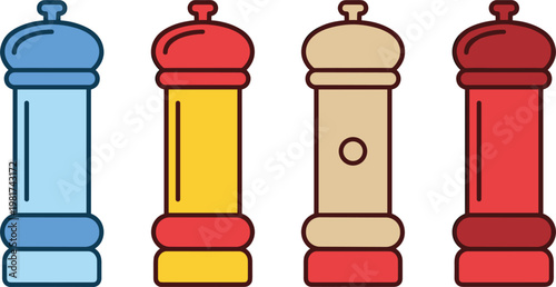 Set of salt and pepper grinders illustration with colorful kitchen spice mills, cooking accessories collection and culinary seasoning tools concept