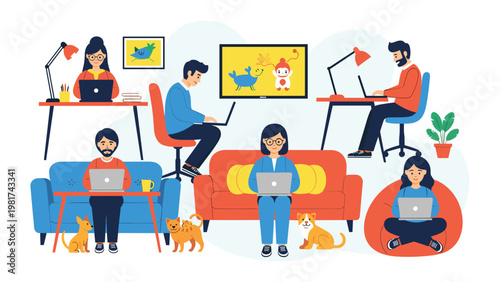 People working remotely on laptops from home sitting at desks on sofas and in bean bags with pets nearby.