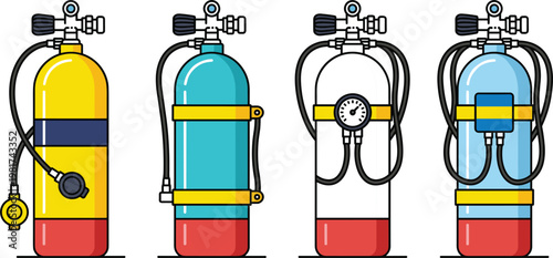 Set of scuba diving air tanks illustration with regulators and hoses, underwater breathing equipment collection and marine sport gear concept minimal design