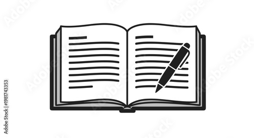 Simple black and white graphic depicting an open book with a pen resting on its pages, symbolizing learning, writing, education, and knowledge acquisition.