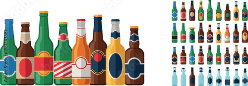 Beer bottle vector set featuring assorted glass bottles with labels and different styles isolated beverage packaging illustration collection
