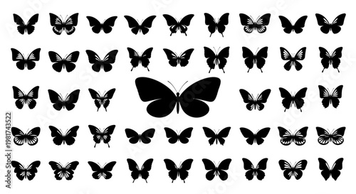 Collection of various butterfly silhouettes on white background.