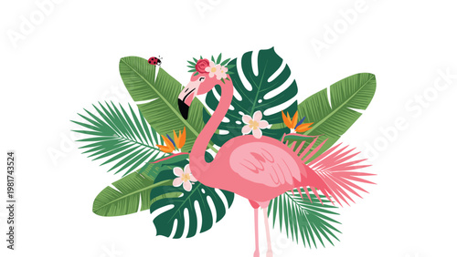 Beautiful pink flamingo wearing a flower crown surrounded by lush tropical monstera and palm leaves with exotic flowers.