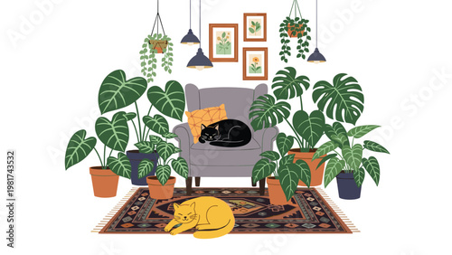 Cozy home interior with two cats in a comfortable room filled with various potted green houseplants and monstera.