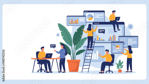 Business team analyzing global data and statistics on large interactive digital screens with charts and graphs.