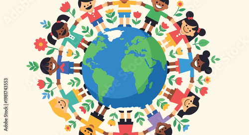 A vibrant illustration of diverse children holding hands around the globe, symbolizing global unity, peace, and diversity with floral decorations.