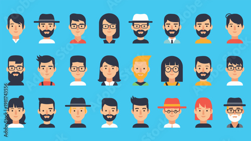 Diverse collection of male and female avatar icons with various hairstyles glasses and hats on a bright blue background.