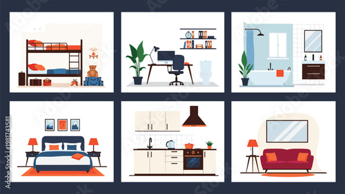 Set of modern interior design illustrations for different rooms including bedroom kitchen bathroom office and living room.