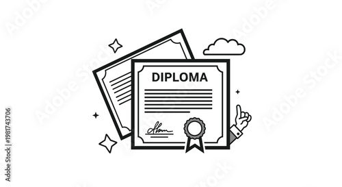Minimalist black and white line art illustration featuring two academic diplomas with a seal, representing achievement, graduation, and educational success.