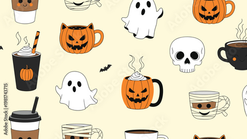 Halloween seamless pattern with pumpkin and mummy coffee cups ghosts skulls and bats on a light beige background.